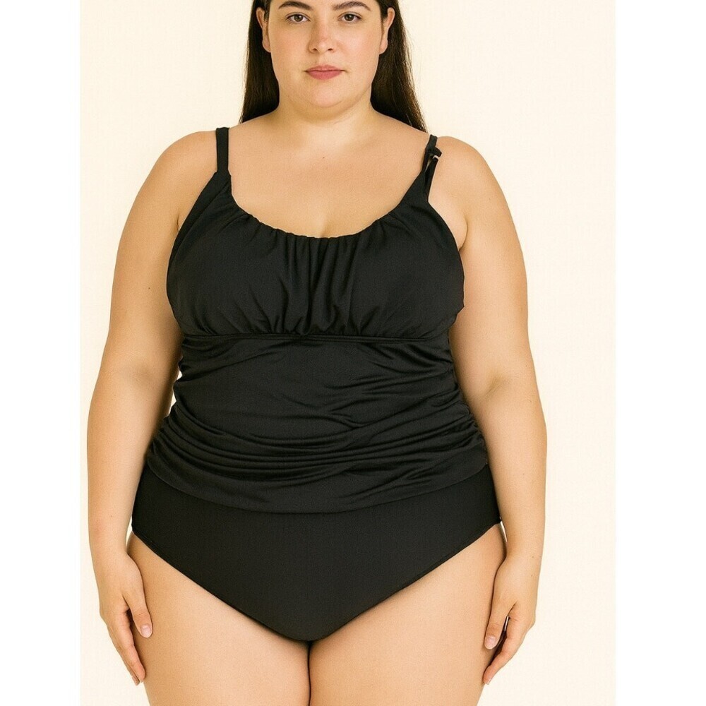 Carribean Sand swim suit one piece black ruched mid section figure flattering